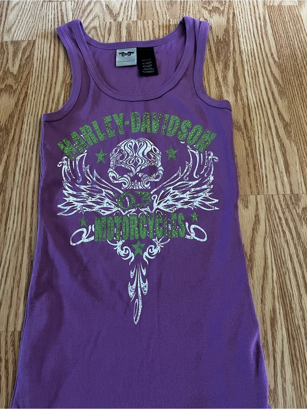Harley-Davidson Purple Tank with Green and White Skull Wing Graphic Sz M